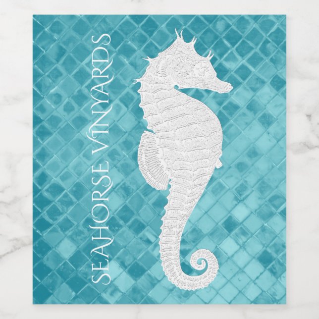 White Seahorse Aqua Sea Glass Personalize Wine Label (Single Label)