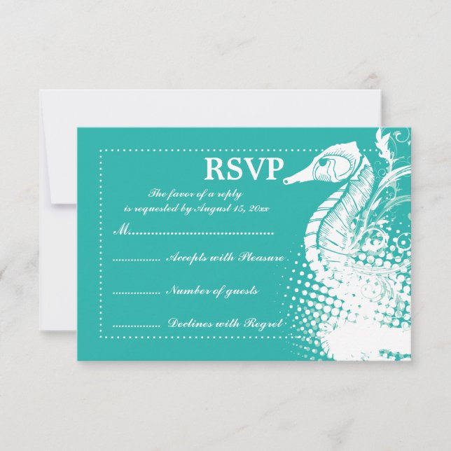 White seahorse light sea green summer wedding RSVP (Front)