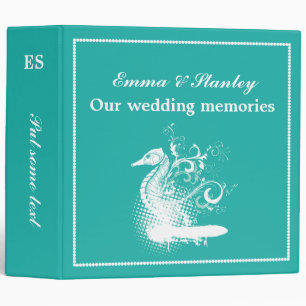 White seahorse on light sea green wedding binder