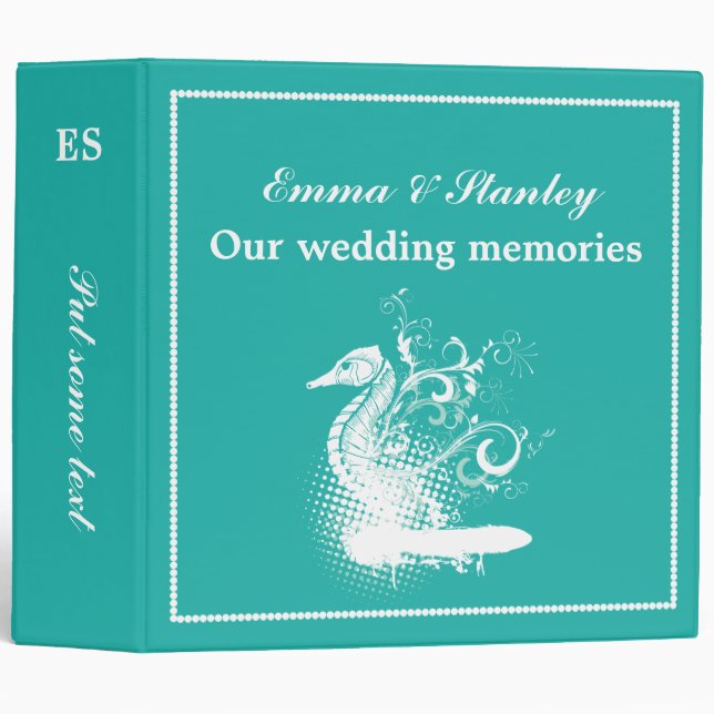 White seahorse on light sea green wedding binder (Front/Spine)