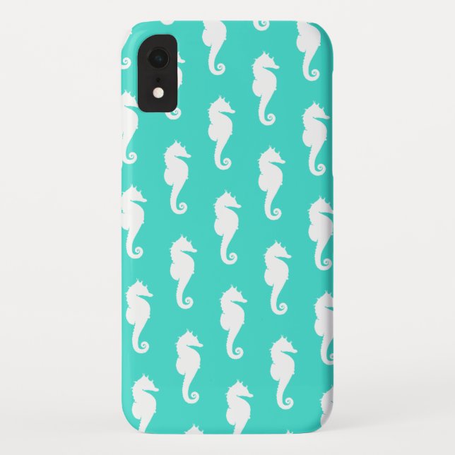 White Seahorse on Turquoise Case-Mate iPhone Case (Back)