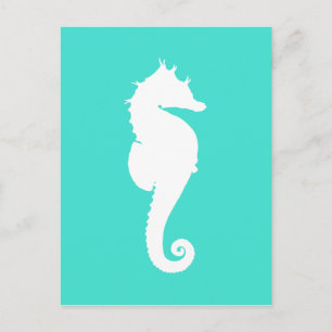 White Seahorse on Turquoise Postcard