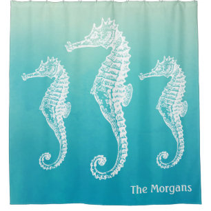 White Seahorse Unique Aqua Blue Ombre Watercolor