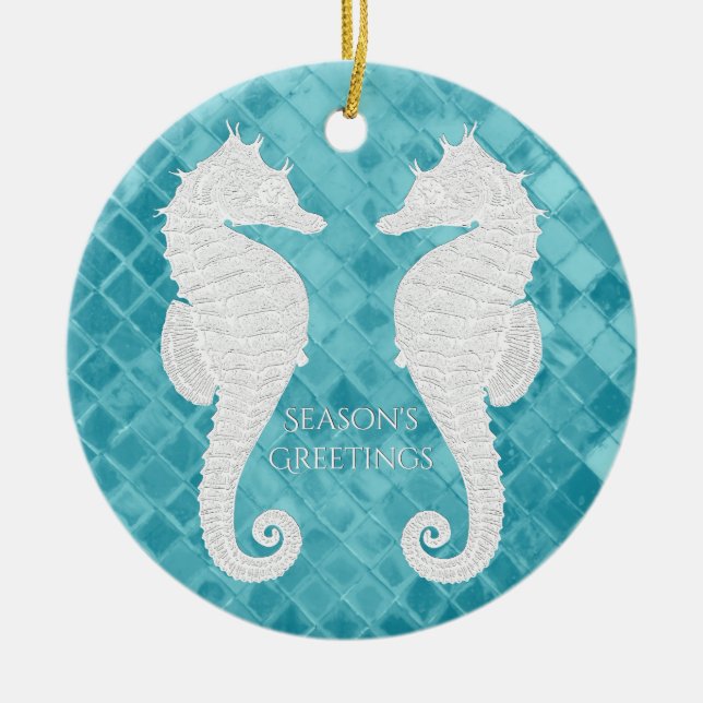 White Seahorses Aqua Sea Glass Personalize Ceramic Ornament (Front)