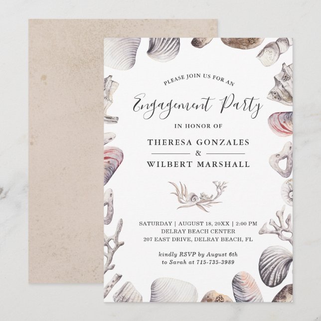 White Seashell and Coral Beach Engagement Party Invitation (Front/Back)