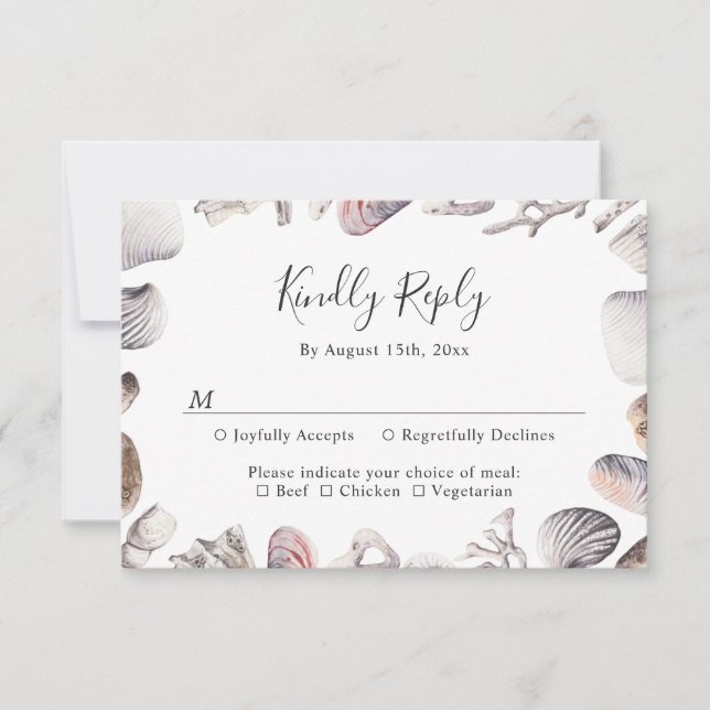 White Seashell Beach Sand Destination Wedding RSVP Card (Front)