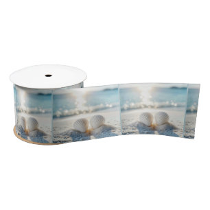 White Seashells in Ocean Sand Satin Ribbon