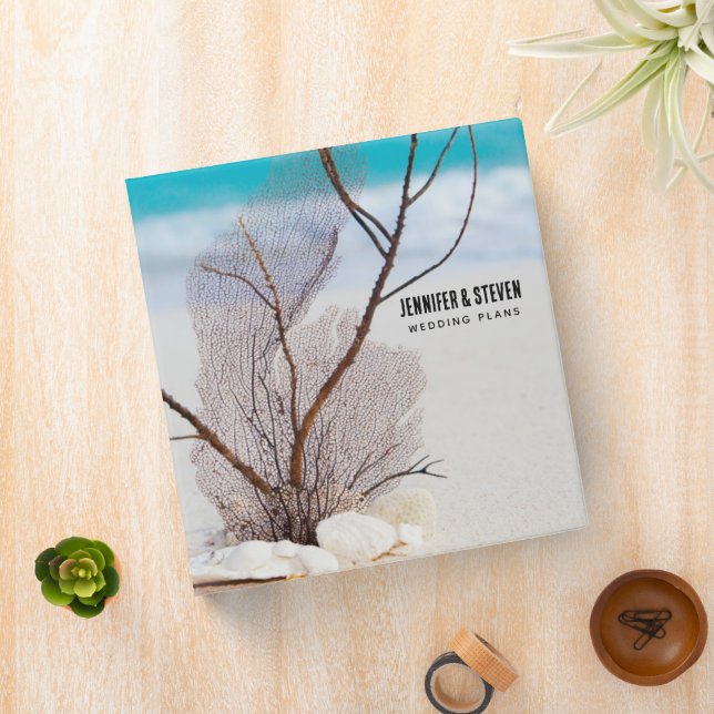 White Seashells on a Tropical Beach Wedding Plans Binder (In Situ)