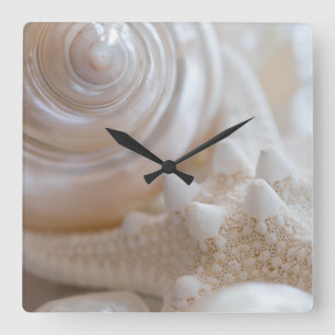 White Seashells Starfish Tropical Beach Sea Shells Square Wall Clock