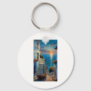 White Seaside Houses – A Dreamy Coastal View Stick Keychain
