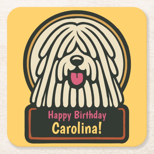 White Shaggy Dog Birthday Party Square Paper Coaster (Front)