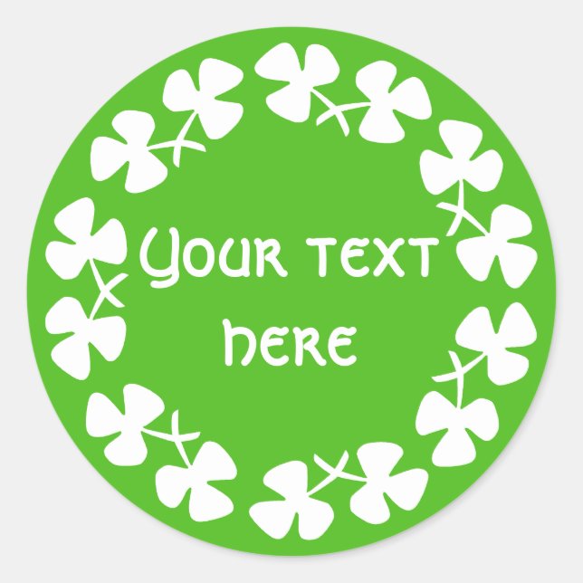 White Shamrocks Border Add Text Classic Round Sticker (Front)