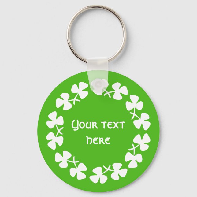 White Shamrocks Border Add Text Keychain (Front)