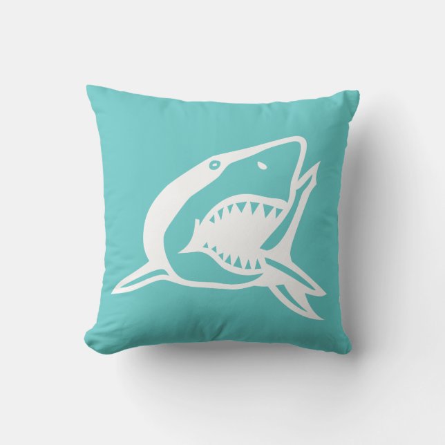 white  shark on teal blue pillow (Front)