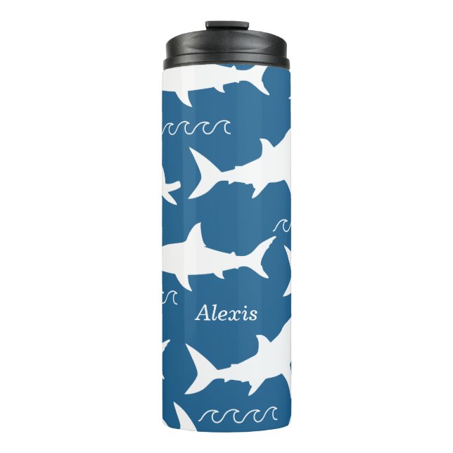 White Sharks & Waves Ocean Blue | Personalized Thermal Tumbler (Front)