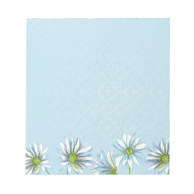 White Shasta Daisy Flower Border Pastel Blue Notepad (Front)