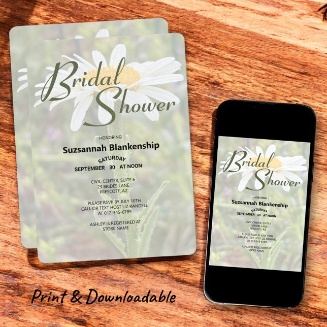White Shasta Daisy Photo Bridal Shower Invitation (print and downloadable front and back floral photo invitation )