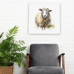 white sheep in a pasture painted in water colour canvas print
