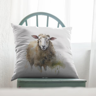 white sheep in a pasture painted in water colour throw pillow