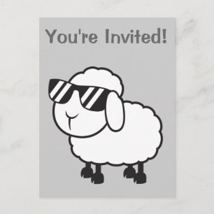 White Sheep in Sunglasses Cartoon Invitation Postcard