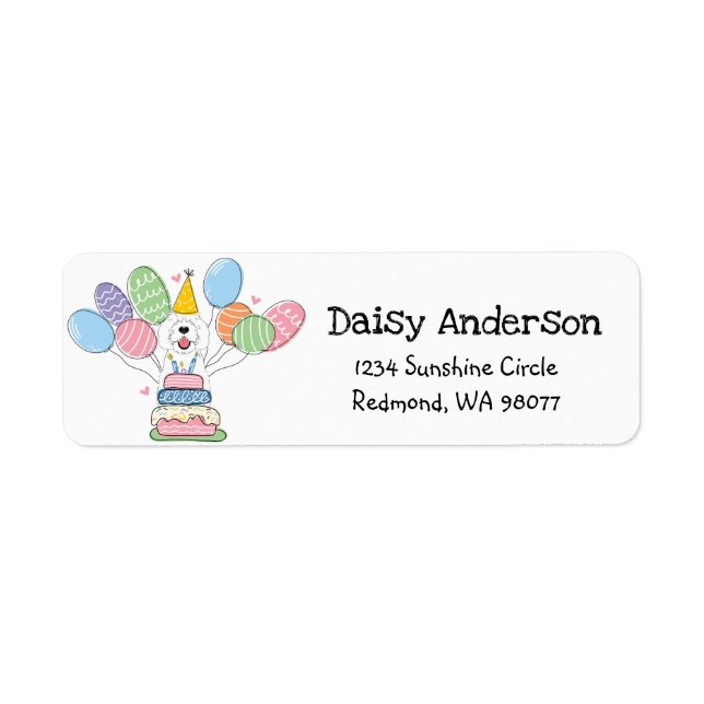 White Sheepadoodle Birthday Party Return Address (Front)