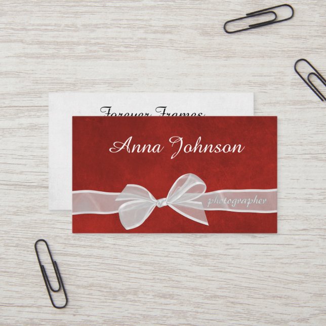 White Sheer Bow On Red Business Card (Front/Back In Situ)