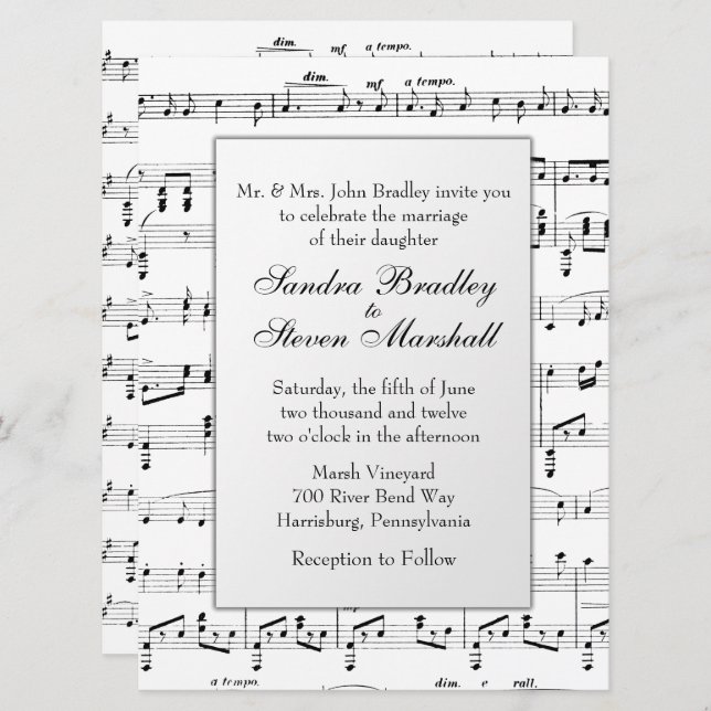 White Sheet Music Theme Wedding Invitation (Front/Back)