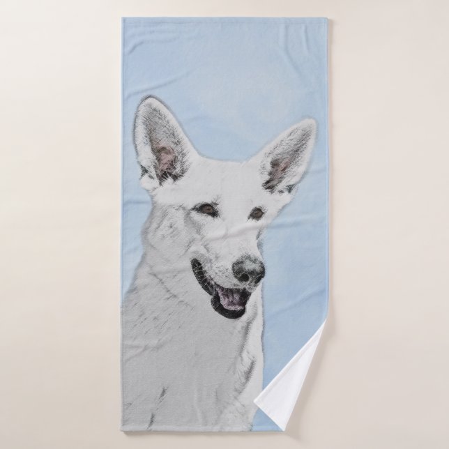 White Shepherd Painting - Cute Original Dog Art Bath Towel Set (Bath Towel)