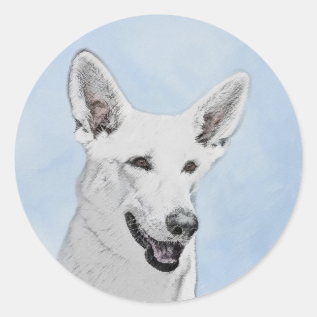 White Shepherd Painting - Cute Original Dog Art Classic Round Sticker (Front)