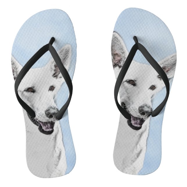 White Shepherd Painting - Cute Original Dog Art Flip Flops (Footbed)