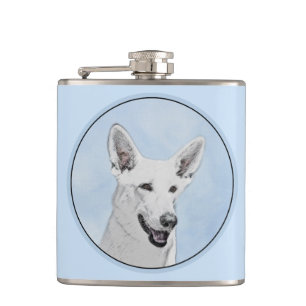 White Shepherd Painting - Cute Original Dog Art Hip Flask