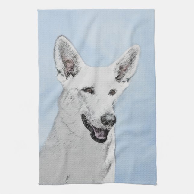 White Shepherd Painting - Cute Original Dog Art Kitchen Towel (Vertical)