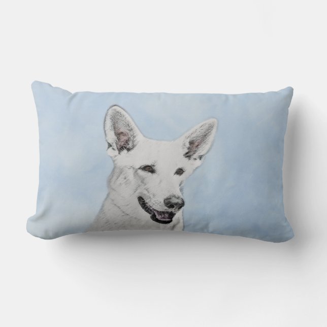 White Shepherd Painting - Cute Original Dog Art Lumbar Pillow (Front)
