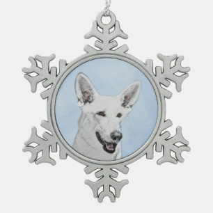 White Shepherd Painting - Cute Original Dog Art Snowflake Pewter Christmas Ornament