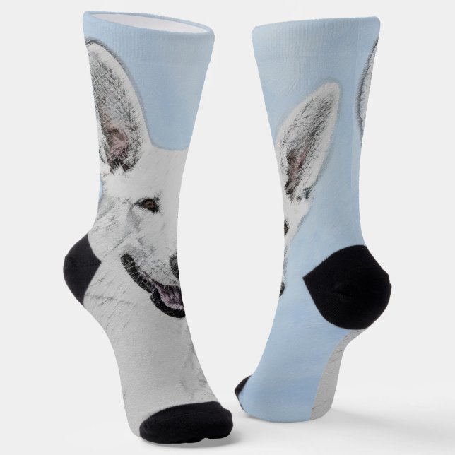 White Shepherd Painting - Cute Original Dog Art Socks (Angled)