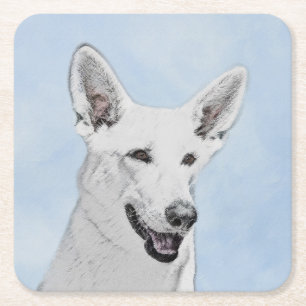 White Shepherd Painting - Cute Original Dog Art Square Paper Coaster