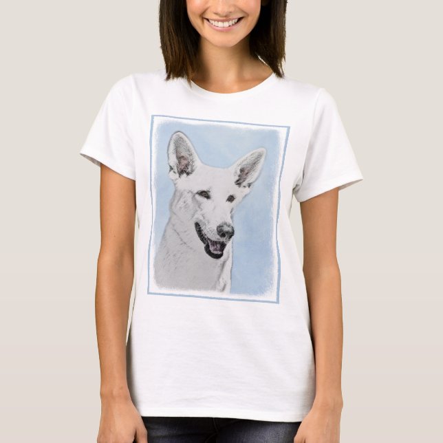 White Shepherd Painting - Cute Original Dog Art T-Shirt (Front)