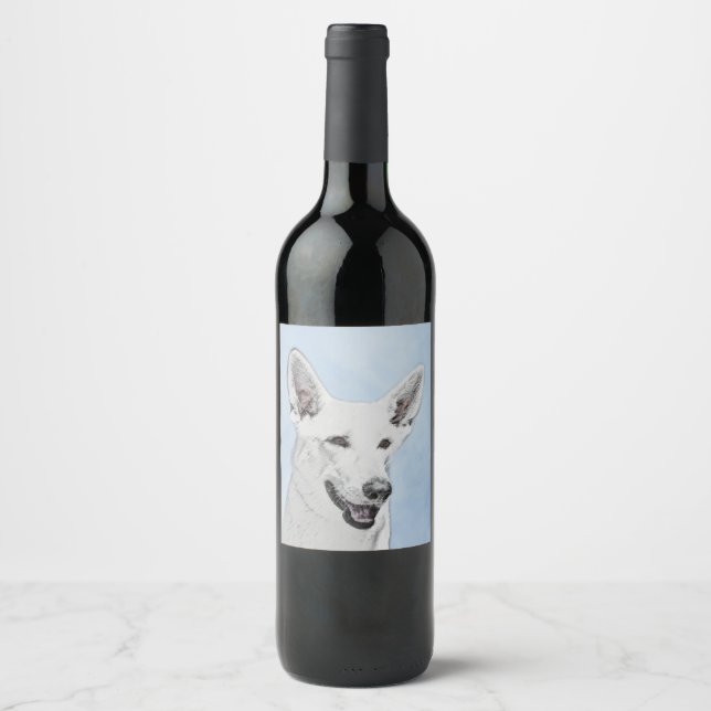 White Shepherd Painting - Cute Original Dog Art Wine Label (Front)