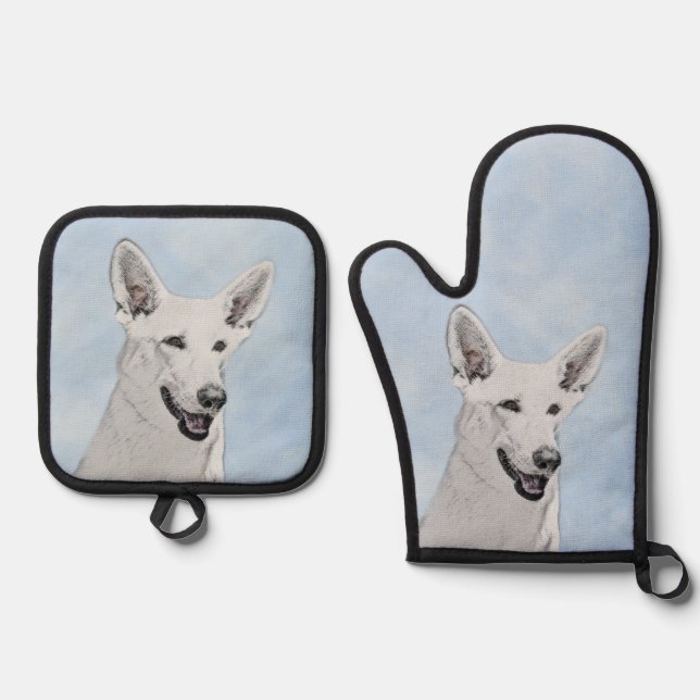 White Shepherd Painting Cute Original Pet Dog Art Oven Mitt & Pot Holder Set (Front)