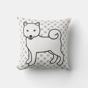 White Shiba Inu Cartoon Dog & Paws Throw Pillow