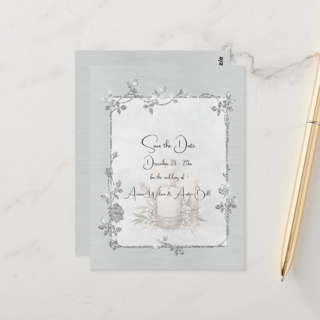 White Shiny Elegant Sparkly Save the Date Postcard (Front/Back In Situ)