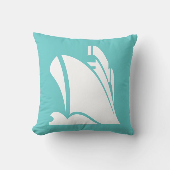 white ship  on teal blue pillow (Front)