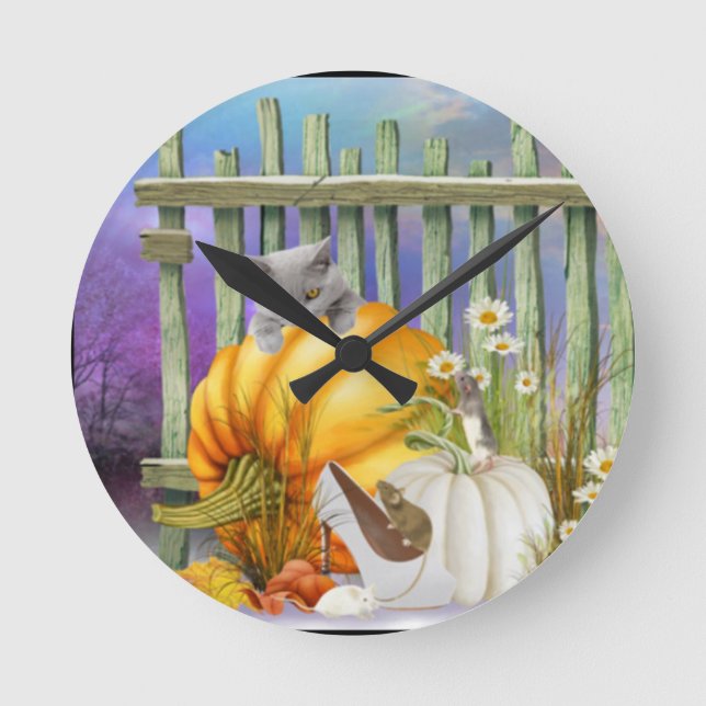 White Shoe Lost in the Pumpkin Patch is a collage Round Clock (Front)