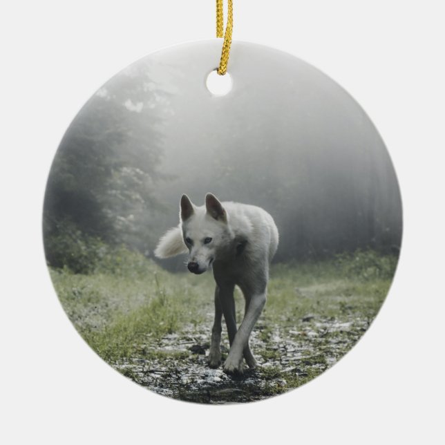 White Siberian Husky Ceramic Ornament (Front)