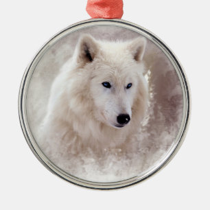 WHITE SIBERIAN HUSKY. METAL ORNAMENT
