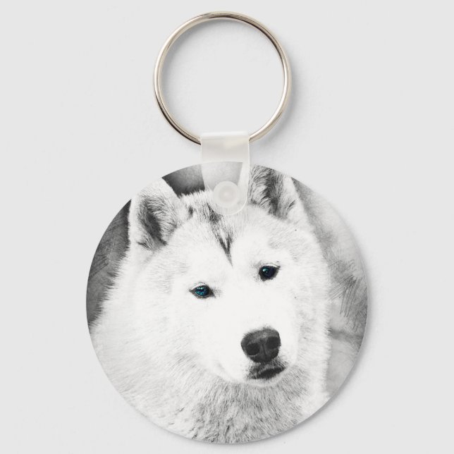 White Siberian Husky w/ Blue Eyes Fine Art Sketch Keychain (Front)
