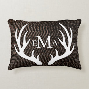 White Silhouette Buck Antlers on Brown Herringbone Accent Pillow