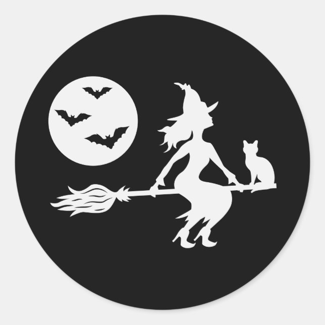 White Silhouette Of A Witch On A Broom Halloween Classic Round Sticker (Front)
