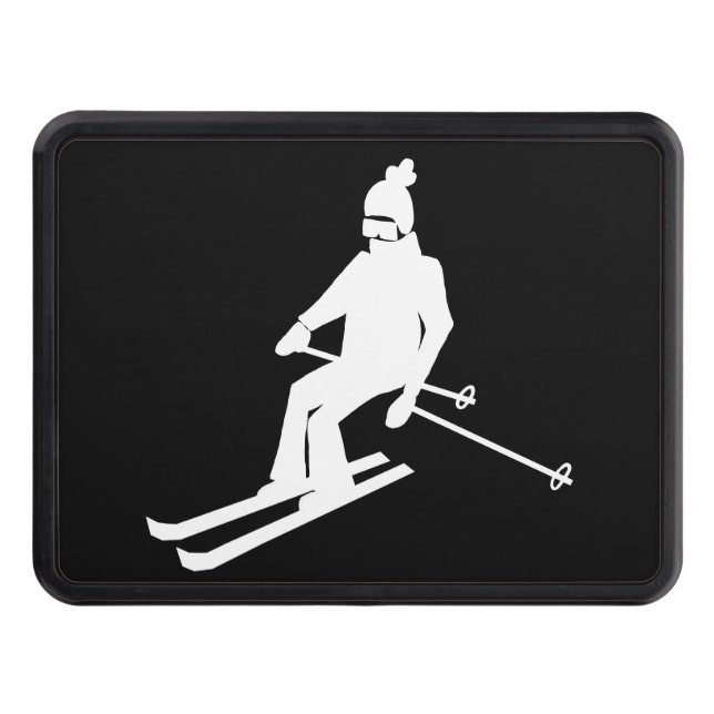 White Silhouette Skier Skiing Ski Black Trailer Hitch Cover (Front)