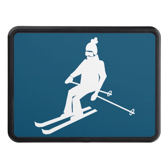 White Silhouette Skier Skiing Ski Blue  Trailer Hitch Cover (Front)